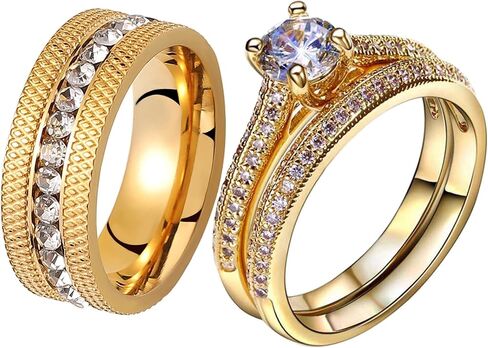 Couple Rings Yellow Gold Plated 1CT Round AAA CZ Wedding Ring Set for Him and Her Matching Rings in Kuwait