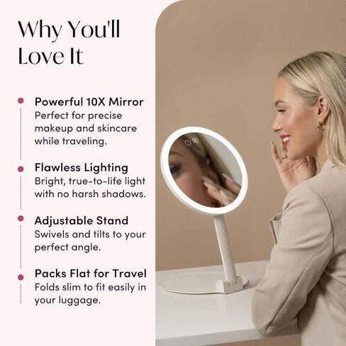 مرآة مكياج مكبرة للسفر من فانسي 10 مرات مع أضواء، قابلة لإعادة الشحن، حامل بارتفاع 8 بوصات، 3 أوضاع ألوان قابلة للتعتيم، مرآة زينة LED محمولة (أبيجيل) in Kuwait