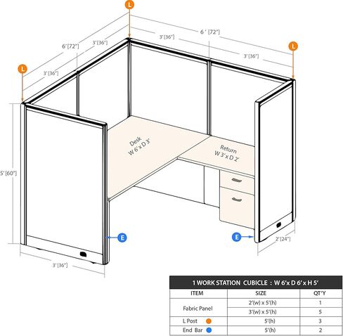 GOF 1 Person Workstation Cubicle (6'D x 6'W x 4'H) / Office Partition, Room Divider (60" h Cubicle with Desk, Walnut) in Saudi Arabia