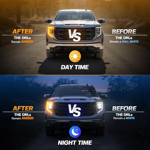 طقم كهرمان DRL بدوام كامل ضوء الجري النهاري تجاوز تسخير وزارة الدفاع للنهار والليل كهرمان كامل يناسب 2022-2026 جي إم سي كانيون سييرا 1500 محدث 2024-2026 جي إم سي سييرا 2500HD 3500HD التوصيل والتشغيل بدون قطع in Kuwait