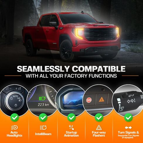 طقم كهرمان DRL بدوام كامل ضوء الجري النهاري تجاوز تسخير وزارة الدفاع للنهار والليل كهرمان كامل يناسب 2022-2026 جي إم سي كانيون سييرا 1500 محدث 2024-2026 جي إم سي سييرا 2500HD 3500HD التوصيل والتشغيل بدون قطع in Kuwait