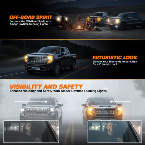 طقم كهرمان DRL بدوام كامل ضوء الجري النهاري تجاوز تسخير وزارة الدفاع للنهار والليل كهرمان كامل يناسب 2022-2026 جي إم سي كانيون سييرا 1500 محدث 2024-2026 جي إم سي سييرا 2500HD 3500HD التوصيل والتشغيل بدون قطع in Kuwait