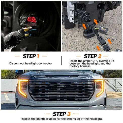 طقم كهرمان DRL بدوام كامل ضوء الجري النهاري تجاوز تسخير وزارة الدفاع للنهار والليل كهرمان كامل يناسب 2022-2026 جي إم سي كانيون سييرا 1500 محدث 2024-2026 جي إم سي سييرا 2500HD 3500HD التوصيل والتشغيل بدون قطع in Kuwait