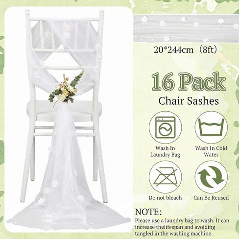 16 Pieces Wedding Chair Back Side Decorations 8 Feet Long Flower Pearl White Chair Sashes for Bridal Shower Veil Baby Shower Sweetheart Adornment Decor in Saudi Arabia