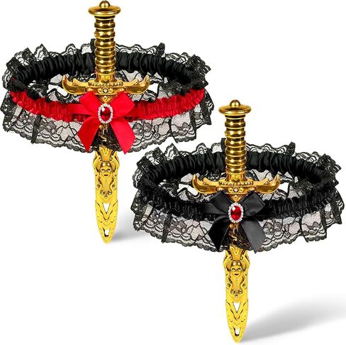 2 Pcs Bow Garter with Pirate Dagger Lace Bow Leg Ring Sword Leg Holster for Halloween Carnival Dress Up Props Women Girls Favor,Black in Saudi Arabia