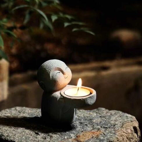 تمثال بوذا من الحجر الرملي وحامل مخروط البخور، تمثال جيزو صغير لديكور المنزل، حامل شموع صغيرة لبوذا زن راهب للمكتب أو الرف أو منضدة، هدية ديكور حجرية صغيرة بارتفاع 3.5 سم in Kuwait