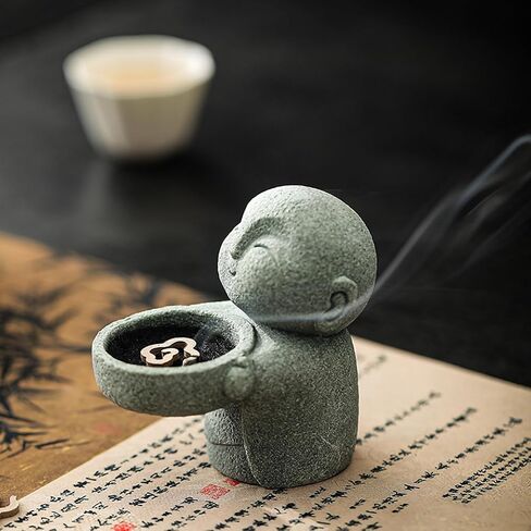 تمثال بوذا من الحجر الرملي وحامل مخروط البخور، تمثال جيزو صغير لديكور المنزل، حامل شموع صغيرة لبوذا زن راهب للمكتب أو الرف أو منضدة، هدية ديكور حجرية صغيرة بارتفاع 3.5 سم in Kuwait