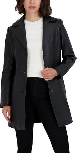 TAHARI Women's Genuine Lambskin Leather Trench Coat with Notch Collar, Button Closure & Tie Belt, Black, Large in Saudi Arabia