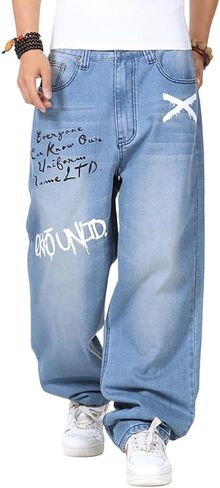 XYGJZ MeMens فضفاض الجينز حجم كبير الهيب هوب واسعة مستقيم الساق فضفاضة تناسب الدنيم السراويل للرجال كبيرة الدهون in Kuwait