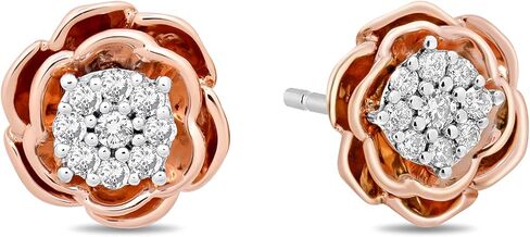Enchanted Disney Fine Jewelry Belle Rose Earrings for Women | 14K Rose Gold over Sterling Silver | 1/5 CTTW Natural White Round Diamonds | Push Back Studs | Princess Jewelry Gifts for Her in Saudi Arabia