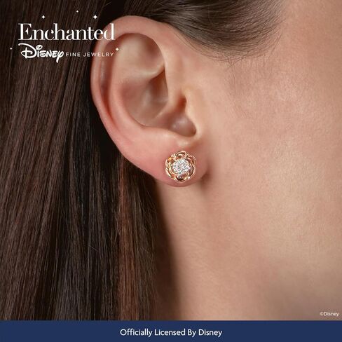Enchanted Disney Fine Jewelry Belle Rose Earrings for Women | 14K Rose Gold over Sterling Silver | 1/5 CTTW Natural White Round Diamonds | Push Back Studs | Princess Jewelry Gifts for Her in Saudi Arabia