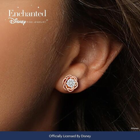 Enchanted Disney Fine Jewelry Belle Rose Earrings for Women | 14K Rose Gold over Sterling Silver | 1/5 CTTW Natural White Round Diamonds | Push Back Studs | Princess Jewelry Gifts for Her in Saudi Arabia