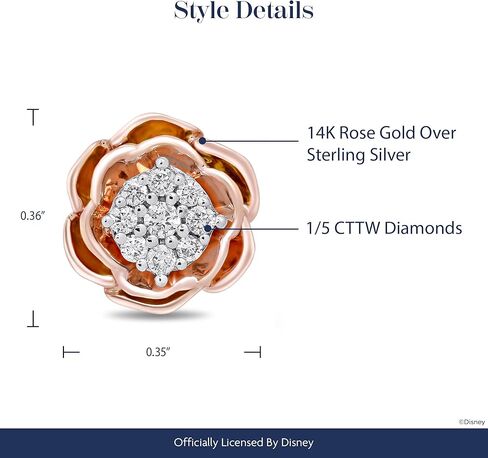 Enchanted Disney Fine Jewelry Belle Rose Earrings for Women | 14K Rose Gold over Sterling Silver | 1/5 CTTW Natural White Round Diamonds | Push Back Studs | Princess Jewelry Gifts for Her in Saudi Arabia