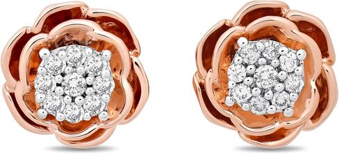 Enchanted Disney Fine Jewelry Belle Rose Earrings for Women | 14K Rose Gold over Sterling Silver | 1/5 CTTW Natural White Round Diamonds | Push Back Studs | Princess Jewelry Gifts for Her in Saudi Arabia