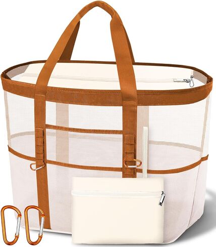 2026 Chic & Spacious XX-Large Beach Bag for Women — Mesh × Canvas Tote with Top Zipper, 11 Pockets, Detachable Pouch | 40L+ Spacious, 11 Tall Pockets, Zipper Pouch, Secure Zip-Top, Sand-Resistant Base in Kuwait