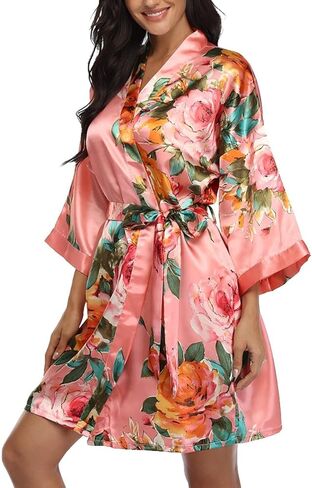 الأزهار الحرير Robes للنساء كيمونو الساتان روب استحمام قصير الزفاف روب للنوم العروس وصيفات الشرف خفيفة الوزن in Kuwait