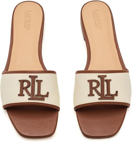 Lauren Ralph Lauren Everley Leather-Trim Canvas Slide Sandals in Saudi Arabia