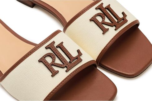 Lauren Ralph Lauren Everley Leather-Trim Canvas Slide Sandals in Saudi Arabia
