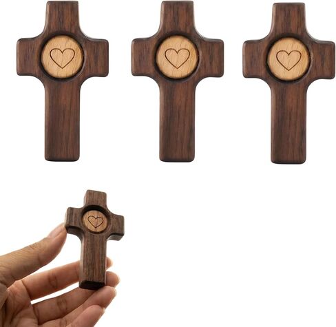 Fving صليب خشبي - عبور قلبي، صلبان صلاة صغيرة من الجوز لليد والجيب، تخفيف التوتر والتشجيع هدية عيد الفصح للعائلة (3 قطع) in Kuwait