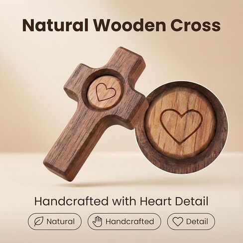 Fving صليب خشبي - عبور قلبي، صلبان صلاة صغيرة من الجوز لليد والجيب، تخفيف التوتر والتشجيع هدية عيد الفصح للعائلة (3 قطع) in Kuwait