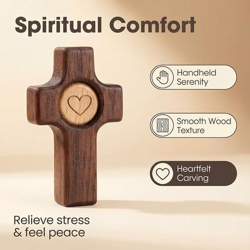 Fving صليب خشبي - عبور قلبي، صلبان صلاة صغيرة من الجوز لليد والجيب، تخفيف التوتر والتشجيع هدية عيد الفصح للعائلة (3 قطع) in Kuwait