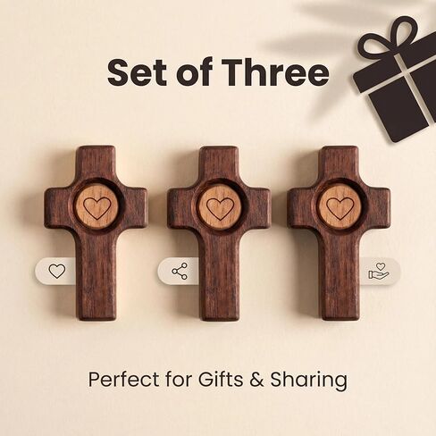 Fving صليب خشبي - عبور قلبي، صلبان صلاة صغيرة من الجوز لليد والجيب، تخفيف التوتر والتشجيع هدية عيد الفصح للعائلة (3 قطع) in Kuwait