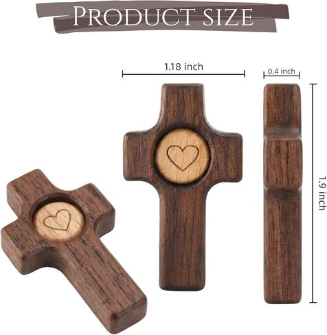Fving صليب خشبي - عبور قلبي، صلبان صلاة صغيرة من الجوز لليد والجيب، تخفيف التوتر والتشجيع هدية عيد الفصح للعائلة (3 قطع) in Kuwait