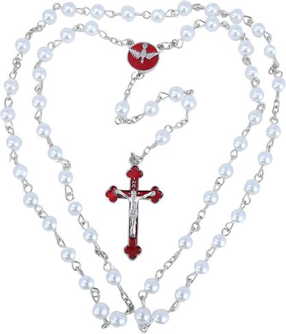 مسبحة تأكيد بيضاء من Needzo مع قطعة مركزية حمراء وصليب، هدايا كاثوليكية للفتيات والفتيان، تتضمن علبة أكريليك، صليب 1.25 بوصة in Kuwait