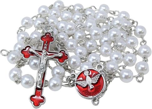 مسبحة تأكيد بيضاء من Needzo مع قطعة مركزية حمراء وصليب، هدايا كاثوليكية للفتيات والفتيان، تتضمن علبة أكريليك، صليب 1.25 بوصة in Kuwait