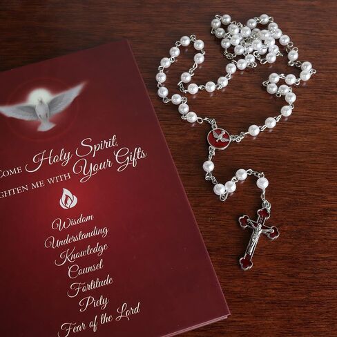 مسبحة تأكيد بيضاء من Needzo مع قطعة مركزية حمراء وصليب، هدايا كاثوليكية للفتيات والفتيان، تتضمن علبة أكريليك، صليب 1.25 بوصة in Kuwait