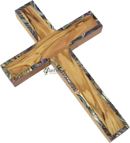 Saint Michael Olive Wood Wall Cross from Bethlehem – 6 Inch Hand-Carved Wooden Cross with Mother of Pearl Inlay | Holy Land Christian Religious Cross | Baptism, Confirmation & Prayer Room Gift in Saudi Arabia