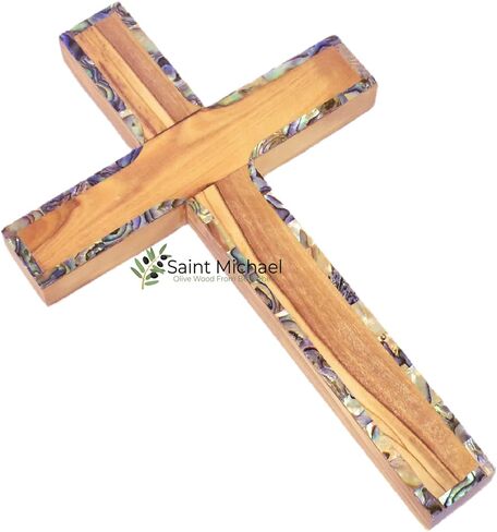 Saint Michael Olive Wood Wall Cross from Bethlehem – 6 Inch Hand-Carved Wooden Cross with Mother of Pearl Inlay | Holy Land Christian Religious Cross | Baptism, Confirmation & Prayer Room Gift in Saudi Arabia
