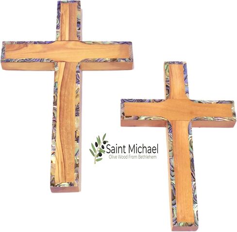 Saint Michael Olive Wood Wall Cross from Bethlehem – 6 Inch Hand-Carved Wooden Cross with Mother of Pearl Inlay | Holy Land Christian Religious Cross | Baptism, Confirmation & Prayer Room Gift in Saudi Arabia