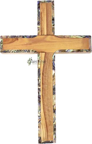 Saint Michael Olive Wood Wall Cross from Bethlehem – 6 Inch Hand-Carved Wooden Cross with Mother of Pearl Inlay | Holy Land Christian Religious Cross | Baptism, Confirmation & Prayer Room Gift in Saudi Arabia