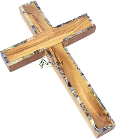 Saint Michael Olive Wood Wall Cross from Bethlehem – 6 Inch Hand-Carved Wooden Cross with Mother of Pearl Inlay | Holy Land Christian Religious Cross | Baptism, Confirmation & Prayer Room Gift in Saudi Arabia