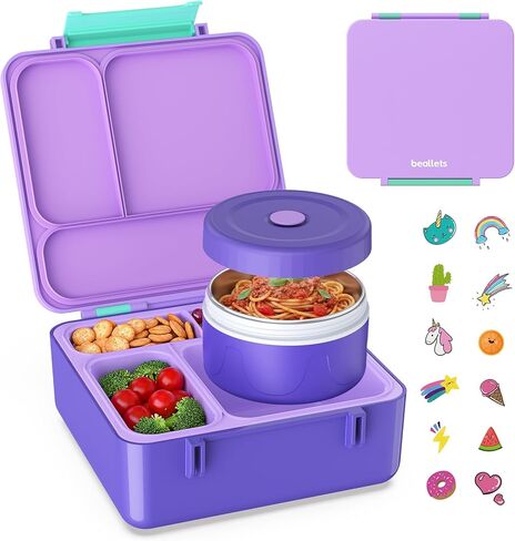 Bento Box for Kids, Lunch Box with Sticker and Leak-Proof Vacuum Food Jar, 4 Compartment BPA-Free Toddler Bento Box for School, Machine-Washable and Removable Compartments for Boy(Pink) in Saudi Arabia