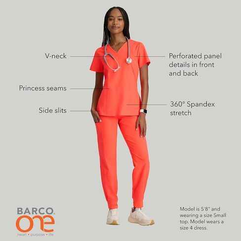 BARCO ONE Racer Classic Fit Scrub Top for Women – Neon Flame, 4-Pocket V-Neck Scrub Shirt w/ 360 Spandex Stretch – Moisture Wicking, Anti-Static & Quick-Shed to Release Pet Hair – S, Regular Fit in Saudi Arabia