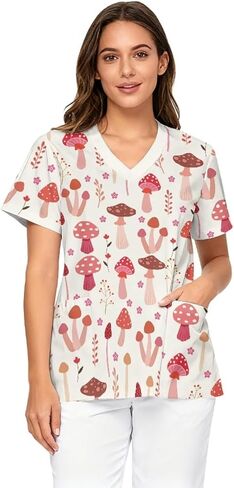 Scrub Tops for Women, Printed Soft Stretch V-Neck & Short Sleeve Nurse Uniform Shirts with 2 Pockets in Saudi Arabia