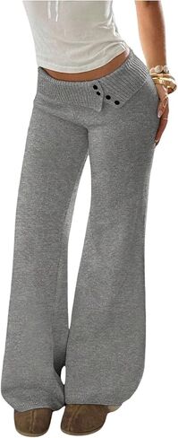 Women's Button Down Bell Bottoms Foldover Waist Flare Leggings Low Rise Knit Pants in Saudi Arabia