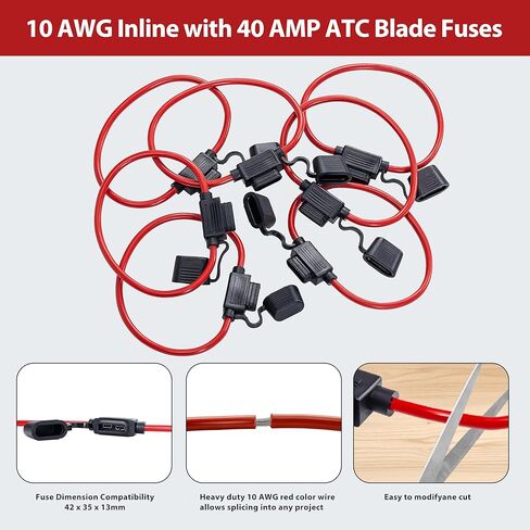 10 عبوات - 10 AWG حامل مصهر مضمن، حامل مصهر شفرة ATC/ATO عالي التحمل مقاوم للماء مع مصهر 40 أمبير لمركب بحري للسيارات RV 12 فولت in Kuwait