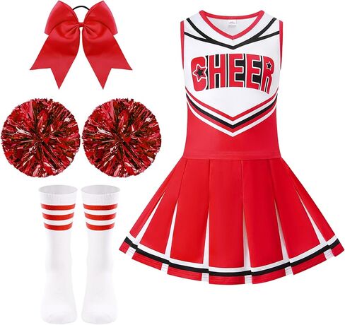 Cheerleader Costume for Girls 7Pcs Halloween Cheerleading Outfit 6-12Y Cheer Uniform with Pom Poms Bowtie for Party in Saudi Arabia