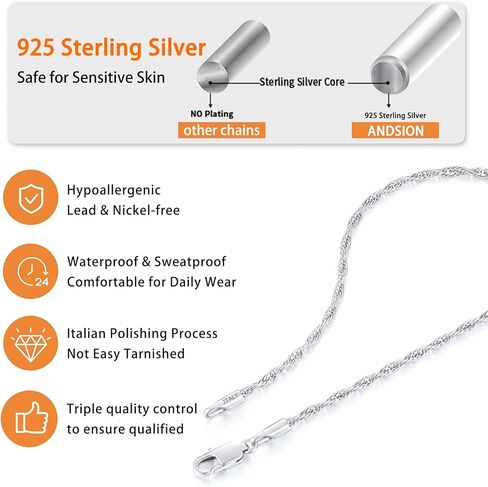 قلادة سلسلة من الفضة الاسترلينية 925 للنساء، سلسلة قلادة فضية للنساء، 1.5 ملم سلسلة حبل أنيقة غير قابلة للتشويه ولا تسبب الحساسية للنساء 26 بوصة in Kuwait