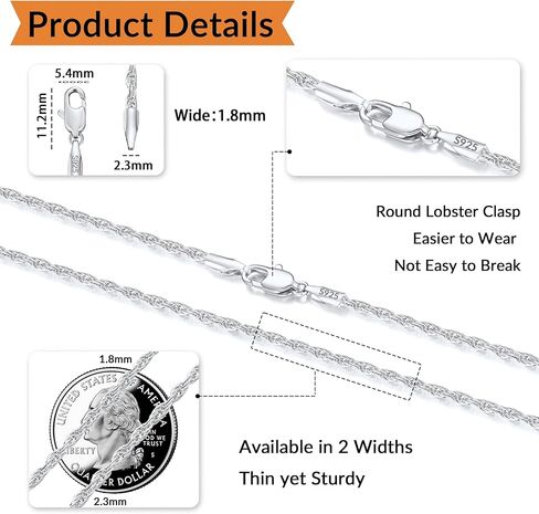 قلادة سلسلة من الفضة الاسترلينية 925 للنساء، سلسلة قلادة فضية للنساء، 1.5 ملم سلسلة حبل أنيقة غير قابلة للتشويه ولا تسبب الحساسية للنساء 26 بوصة in Kuwait