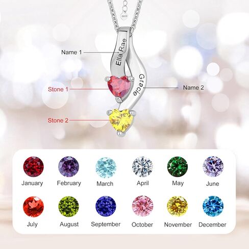 925 Sterling Silver Birthstone Necklace for Mothers with 1-6 Names Personalized Mother Necklace for Women Custom Family Pendant Necklace for Mom Grandma (2 Stones & Names) in Saudi Arabia