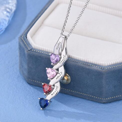 925 Sterling Silver Birthstone Necklace for Mothers with 1-6 Names Personalized Mother Necklace for Women Custom Family Pendant Necklace for Mom Grandma (2 Stones & Names) in Saudi Arabia