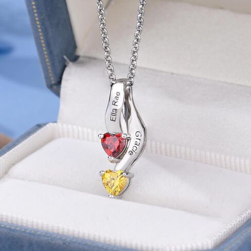 925 Sterling Silver Birthstone Necklace for Mothers with 1-6 Names Personalized Mother Necklace for Women Custom Family Pendant Necklace for Mom Grandma (2 Stones & Names) in Saudi Arabia