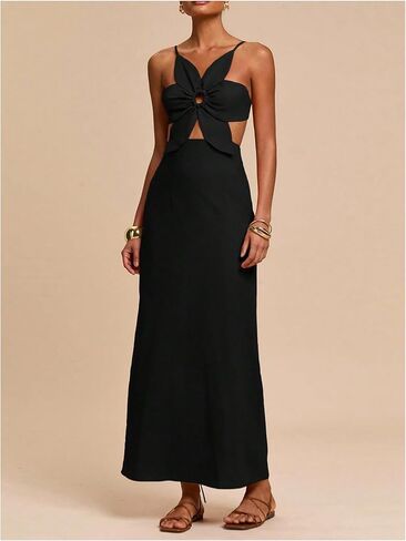 SHENHE Women's Petal Backless Maxi Dress Cut Out Sleeveless Vacation Long Linen Dresses in Kuwait