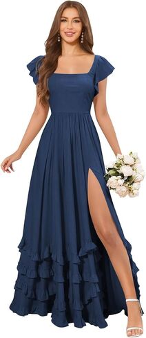 Tiered Chiffon Bridesmaid Dresses for Women with Slit Square Neck A Line Long Formal Maxi Dress in Kuwait