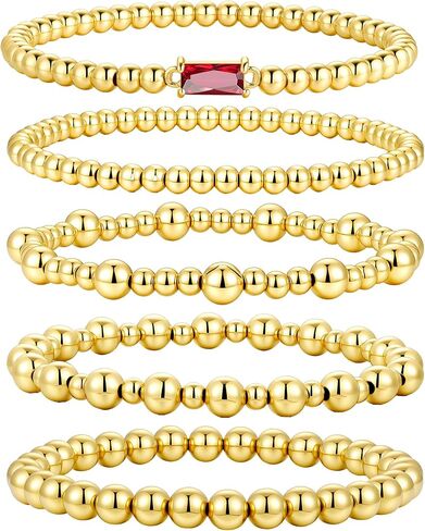 Turandoss 5PCS Birthstone Bracelets for Women, Dainty Layered Emerald 14K Gold Plated Beaded Birthstone Bracelets Set Trendy Waterproof Stackable Jewelry Birthday Valentines Gifts for Women Girls in Saudi Arabia