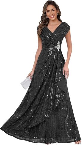 Cap Sleeve Mother of The Bride Dresses for Women Sparkly Long V Neck Sequin Formal Dress DW53 in Saudi Arabia